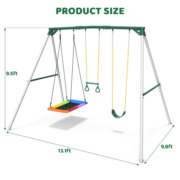 Klo Kick 9.5' Heavy Duty Metal Swing Set with Belt Swing, Trapeze